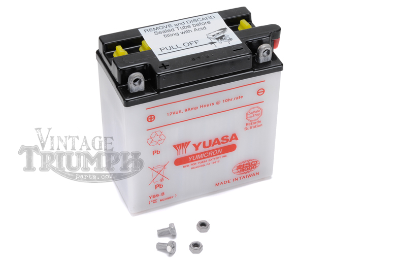 Battery - 12volt Yuasa Yumacron. Battery To Fit Triumph Models T100C Tiger 1966-1973, T100T/R Daytona 1967-1973, TR6 Trophy 1966-1972, T120 Bonneville 1966-1972, TR7 Trophy/ Tiger 1973-1983, T140 Bonneville 1973-1983