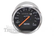 Triumph BSA  Smiths Replica Speedometer
1970 - 1974 (Triumph, T120 Bonneville,  TR 6 , TR 7, Tiger 650, 750 Twin,  T150 3cyl

80 mm hole size,  12 X 1mm Thread, Chrome Bezel
without trip odometer
No Rubber Inserts are provided for mounting.

 2\" deep under bezel, 2 1/8\" deep including bezel, 
3 13/32\" diameter including bezel, 3 1/8\" diameter of bottom. 

  